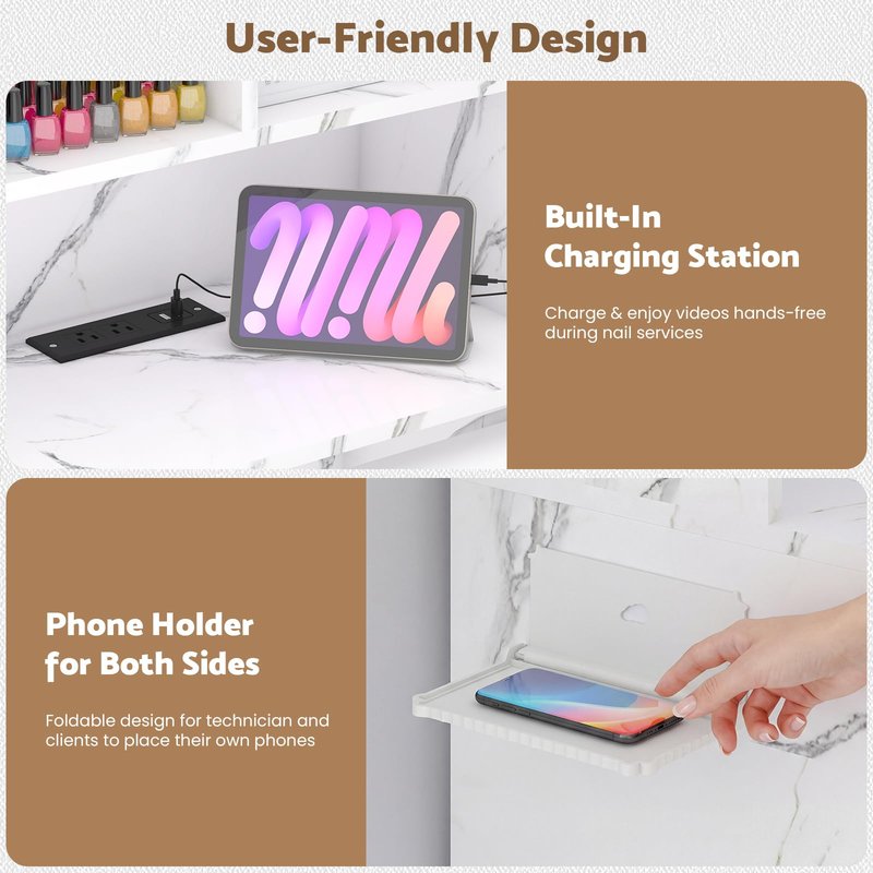 MOMOKOVA Foldable Manicure Table Nail Desk, Extendable Nail Station with Charging Station, Storage Shelf & Fabric Drawer, Wall Mount Nail Tech Table Modern Multipurpose Table for Home & Office, White