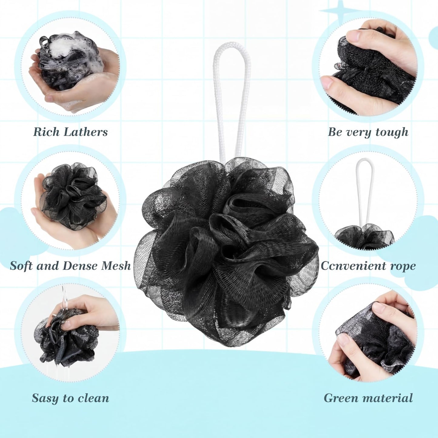 Sunnyray 100 Pcs Loofahs Bulk Bath Sponge Shower Luffas Exfoliating Body Scrubber Packs Soft Mesh Loofahs Balls Travel Cleaning Wash Puff Bathing Accessories for Women Men, 20g (Black)