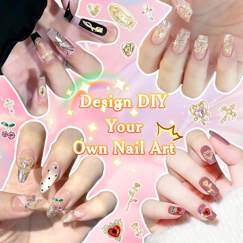 Gold Cross Star Nail Charms Set - 130 Pcs Heart & Flower Designs for DIY Acrylic Nails | Y2K Style