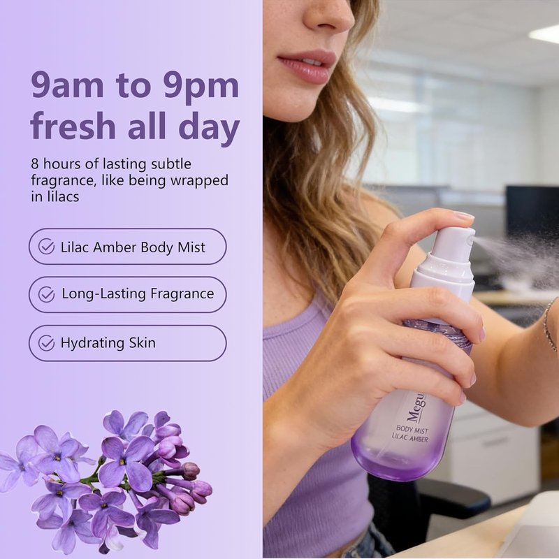 Lilac Amber Body Spray - Long Lasting Floral Woody Fragrance Mist | Paraben & Phthalate Free, 3.38 fl oz