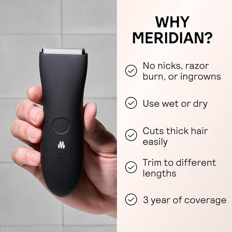 MERIDIAN The Trimmer Original - Waterproof Electric Body Hair Trimmer for Men | Rechargeable Groomer for Pubic, Chest, Legs & Underarms - Onyx