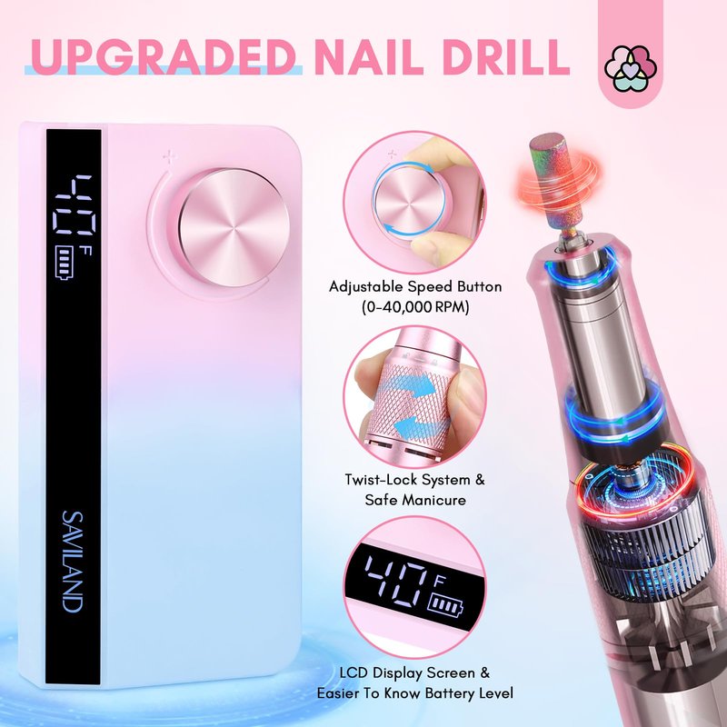 SAVILAND Portable Electric Nail Drill: 40000 RPM Rechargeable Electric Nail File for Acrylic Nails Professional with Ceramic Corn Head Nail Drill Bits for Nails Manicure Tools & Pedicure Kit Salon Use
