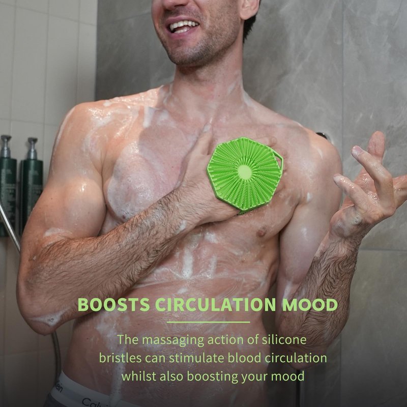 iTokGoK® Premium Silver-Infused Double-Sided Design 2-in-1 Silicone Body Scrubber for Men,Body Buffer Scrubber for Sensitive Skin, Ergonomic No-Slip Handle, Long-Lasting & Easy to Clean - Green
