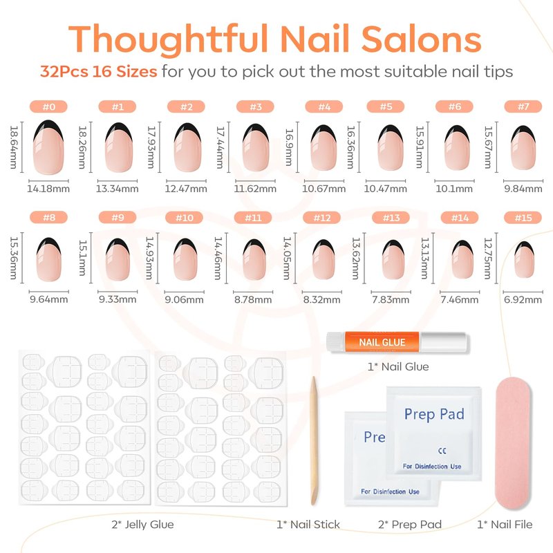 modelones Black French Tip Press On Nails, Short Oval Fake Nails Press Ons with Nail Glue, Adhesive Tabs, Nail File, Prep Pad, Manicure Stick, 32Pcs 16 Sizes, Women Girl Gift