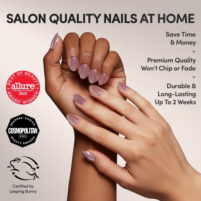 Glamnetic Press On Nails - Fairy Dust Short Oval Beige-Pink | Metallic Finish, 15 Sizes in 30 Nail Kit with Glue