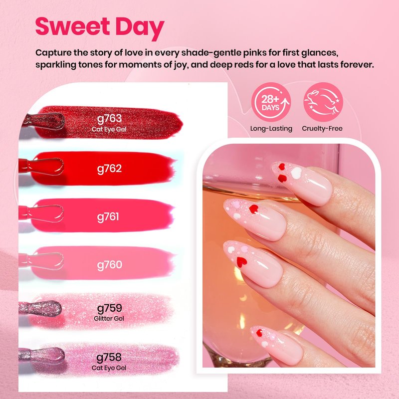 Beetles 30 Pcs Gel Nail Polish Kit with U V Light - 6 Colors Red Cat Eye Gel Polish Set Pink Jelly Glitter Sweet Date Collection with Heart Magnet Manicure DIY Salon Gifts for Mom Women