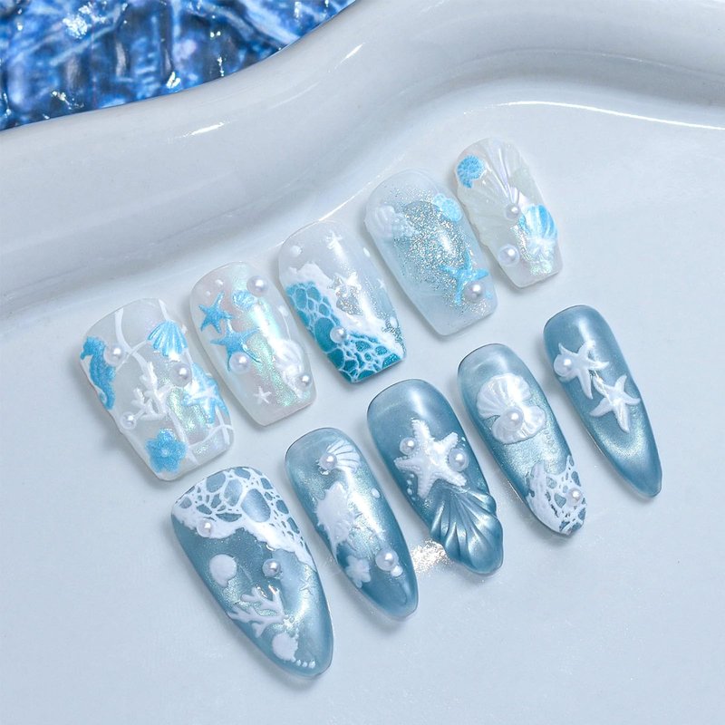 3 Sheets 5D Embossed Ocean Nail Stickers Pink Blue White Shell Starfish Waves Self Adhesive Nail Decals Summer Beach Nail Art Stickers Marine Life Nail Supplies for Women Manicure Decorations