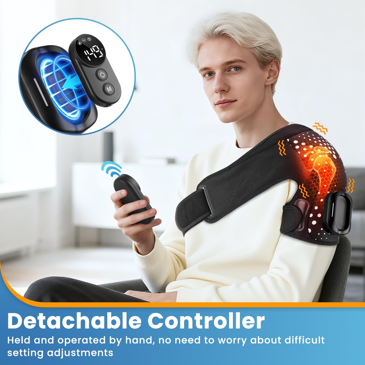 YUANBO Cordless Shoulder Heating Pad, Portable Shoulder Massager Heated Shoulder Wrap & Brace with Massage for Men Women, Remote Control (Black)
