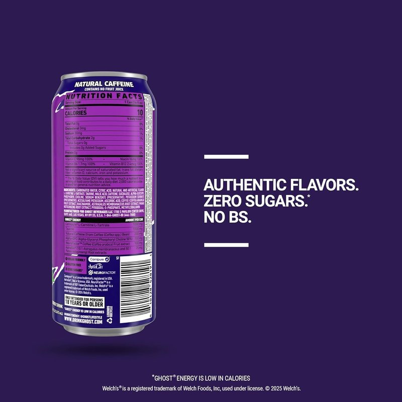 GHOST Energy Drink - Welch's Grape 12-Pack | 16oz Cans with Natural Caffeine & L-Carnitine
