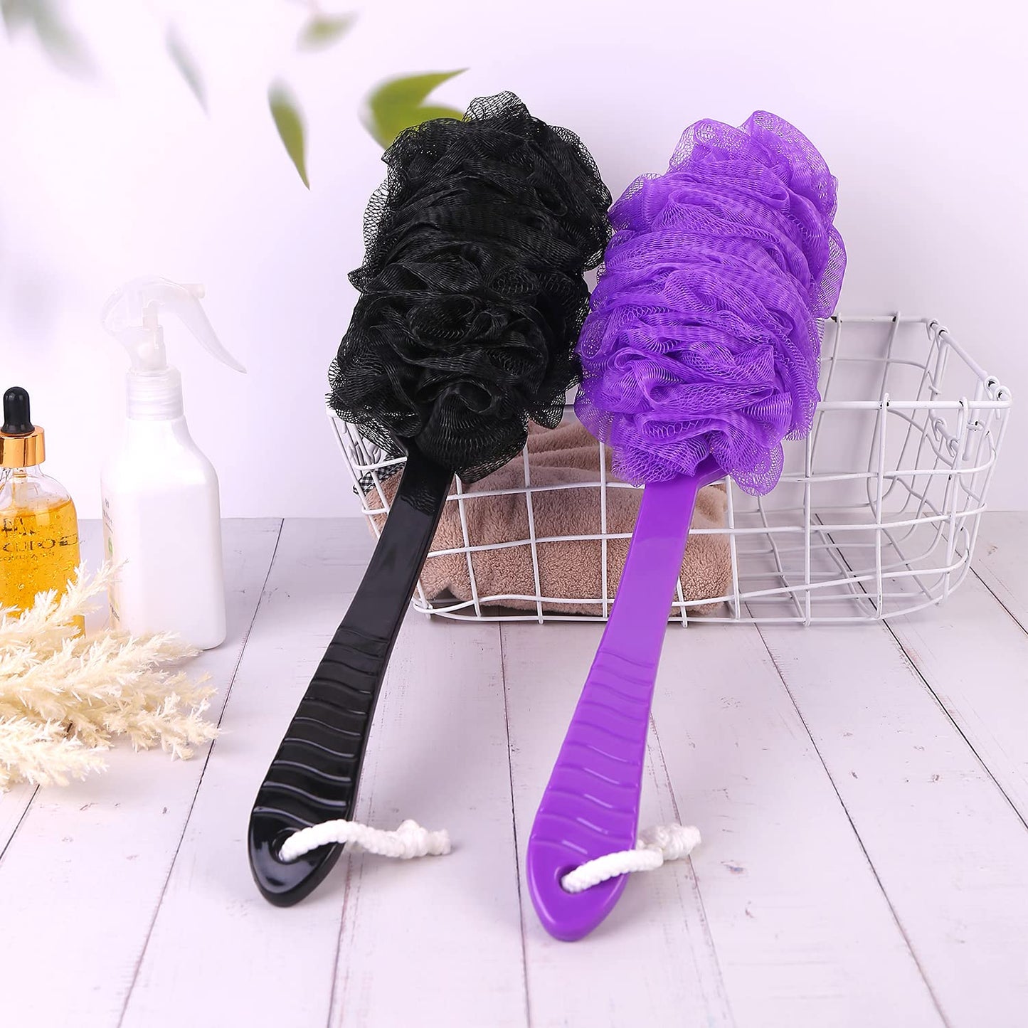 Back Scrubber Brush Long Handle for Shower, Loofah On a Stick Sponge Back Brush, Body Exfoliator Scrubber Bath Brush for Men Women, Exfoliating Cleaning Back Scrubber (2 Pack-Green+Purple)