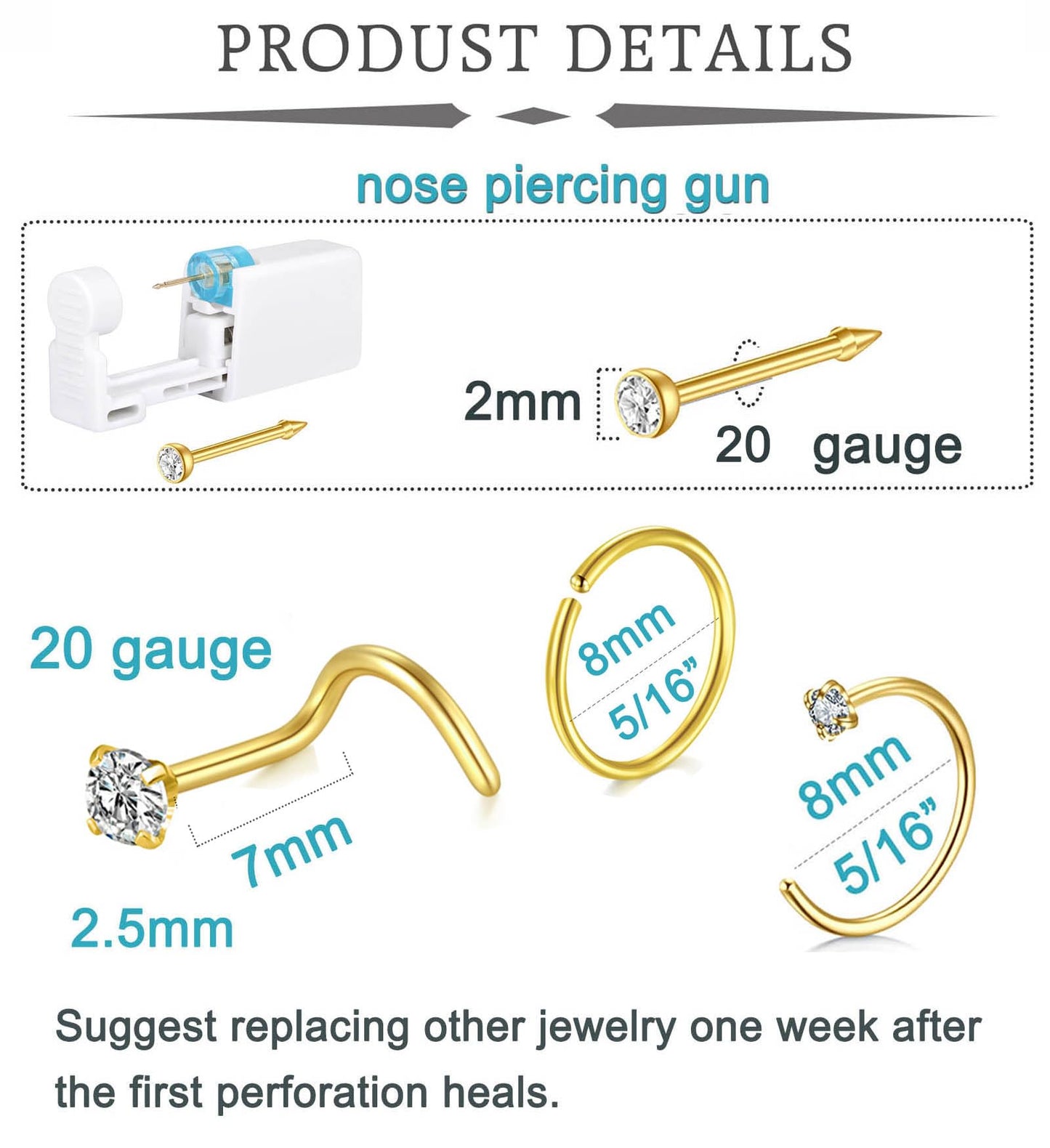 QWALIT 2pack Nose Ring Piercing Kit - Gold Nose Piercing Gun Kit