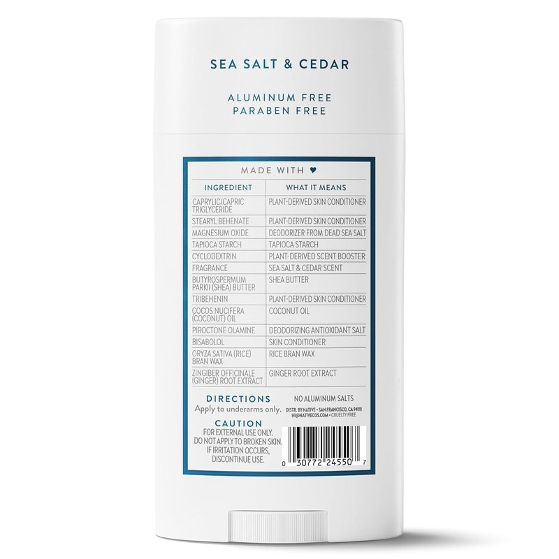 Native Aluminum-Free Deodorant - Sea Salt & Cedar | 72-Hour Odor Control, 3.1 oz Stick for Men & Women