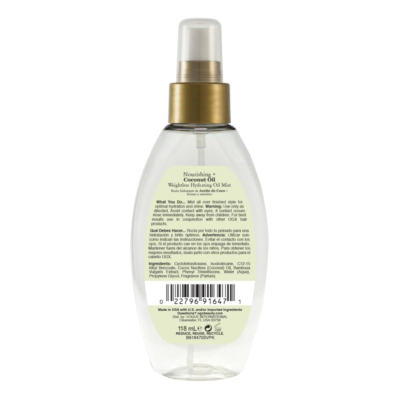 OGX Nourishing + Coconut Oil Weightless Hydrating Oil Hair Mist, Lightweight Leave-In Hair Treatment with Coconut Oil & Bamboo Extract, Paraben & Sulfate Surfactant-Free, 4 Fl Oz