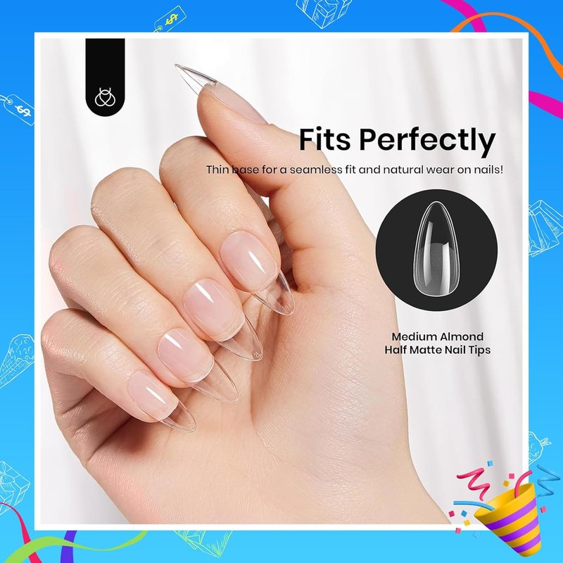 Beetles Medium Almond Nail Tips - 576pcs Pre-Etched Soft Tips with 6 Colors Gel Polish Set