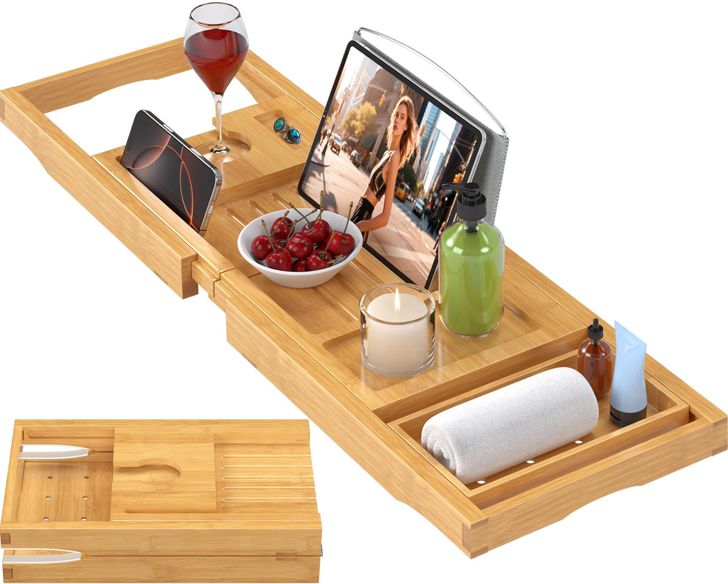 Foldable Bathtub Caddy Tray for Tub,Bamboo Expandable Bath Table Trays,Premium Bathroom Accessories for New Home & Mothers Day & Birthday Gifts for Couples,Natural