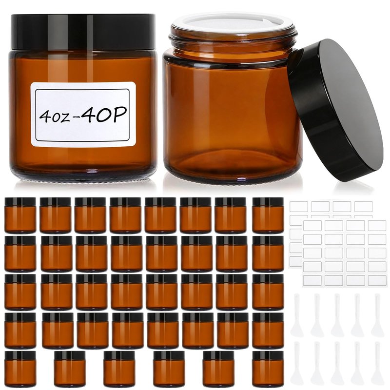 40 Pcs 4 oz Glass Jars with Lids, Amber Glass Jars with 40 Labels & 10 Spatulas, Inner Liners, LeakProof, UV-Protective,Round Glass Containers for Essential Oils, Spices, Candle Making,DIY