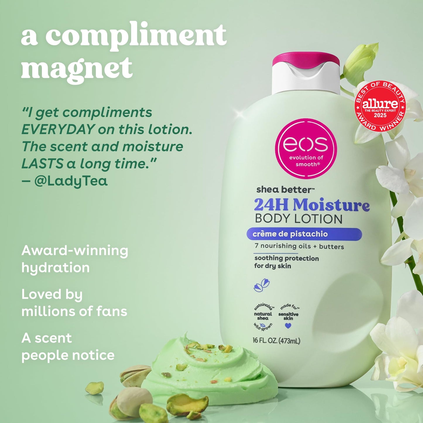 eos Shea Better Body Lotion- Crème de Pistachio, 24-Hour Moisture Skin Care, Lightweight & Non-Greasy, Made with Natural Shea, Vegan, 16 fl oz