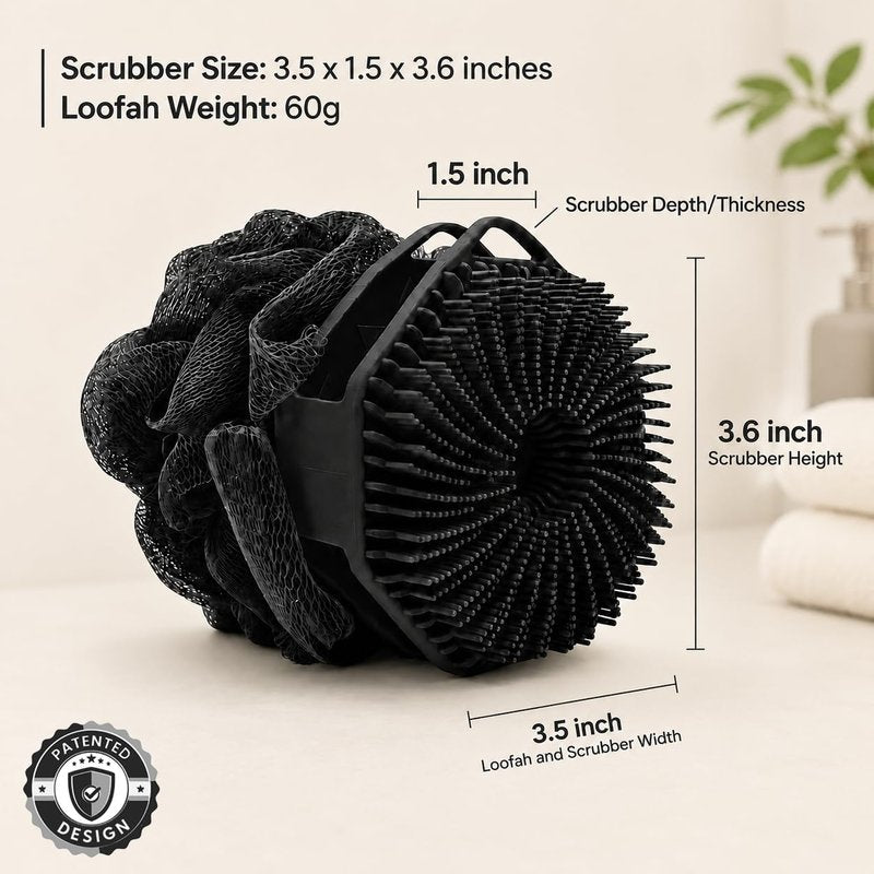 2-in-1 Silicone Body Scrubber & Mesh Loofah Sponge – Exfoliating Silicone Shower Scrubber with Soft Loofa Puff, Bristles, Non-Slip Grip, Quick Dry, Hygienic Body Scrubber for Women & Men