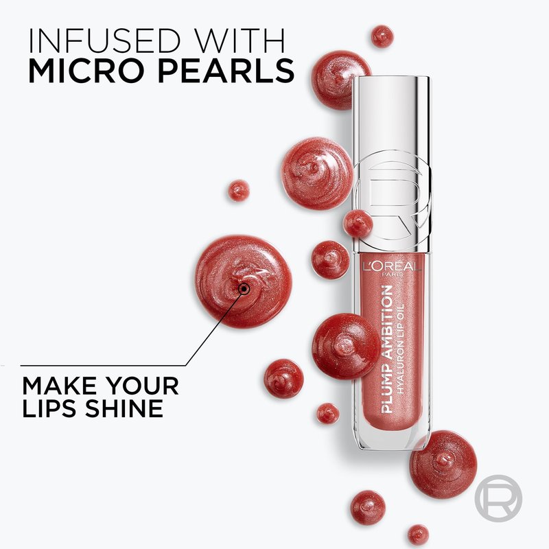 L'Oreal Paris Plump Ambition Hyaluron Lip Oil Shimmer, 24 HR Lip Gloss with Hyaluronic Acid, Volumizing Formula with Glass-Like Shine, Mauve Lights, 0.16 fl oz