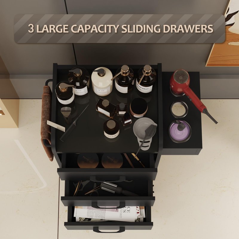 Kikihuose Salon Trolley Cart with Toughened Glass Top, 4 Wheels (2 Lockable) Rolling Barber Station w/Wheels, Drawers, Hair Dryer Holders, Towel Rack, Salon Storage Equipment for Hair Stylist, Black