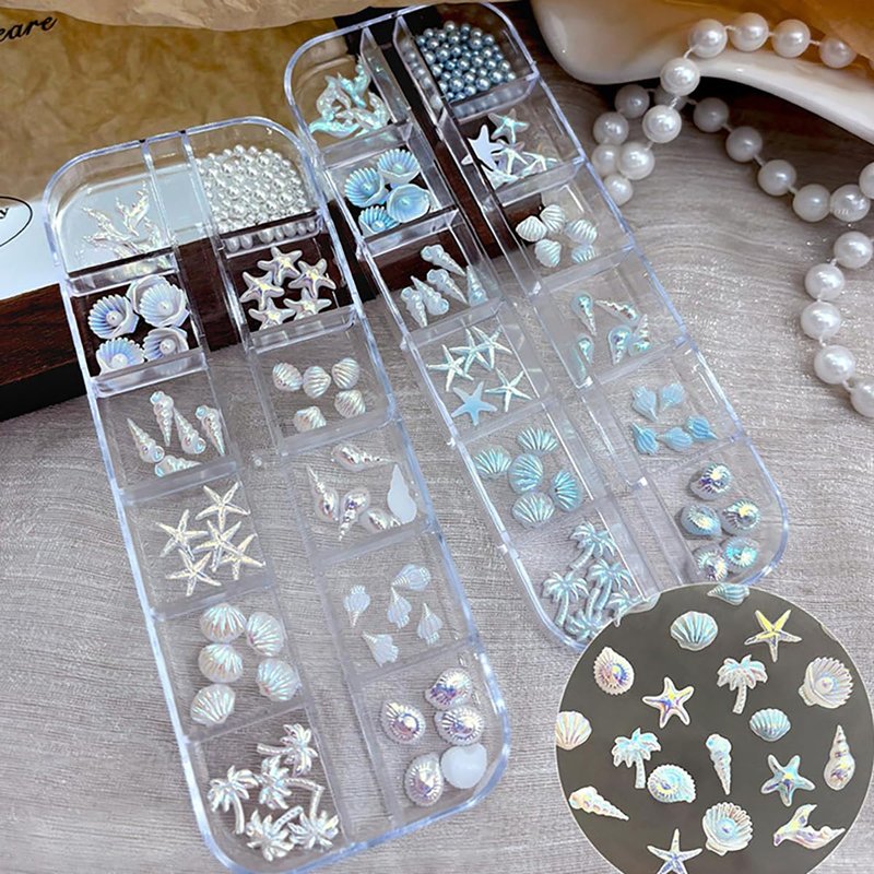 2 Boxs Summer Beach Nail Charms 3D Ocean Nail Gems Aurora Blue White Mermaid Starfish Conch Fishtail Tree Shell Charms for Acrylic Nail Art Resin Nail Rhinestones for Women DIY Manicure Accessories