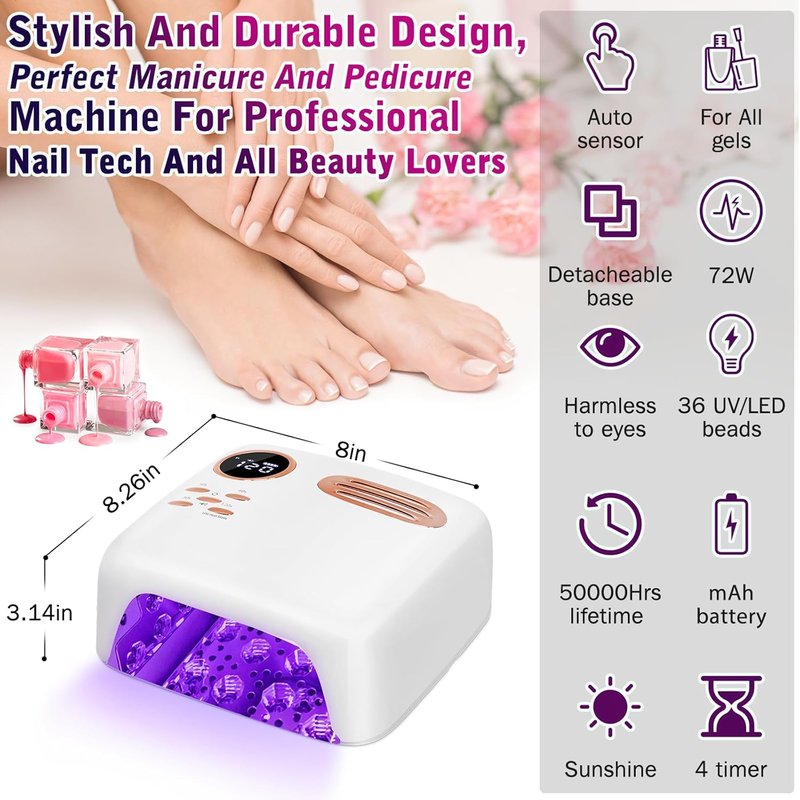 Cordless UV LED Nail Lamp - 72W Rechargeable Gel Dryer | Professional Wireless Curing for All Gels - White