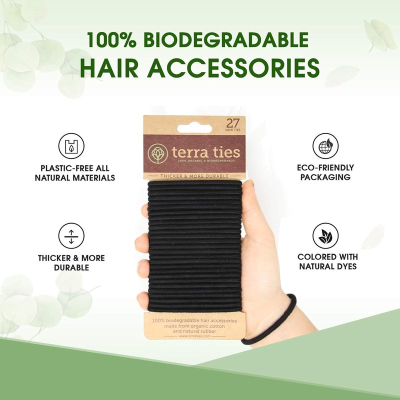 Biodegradable Elastic Hair Ties - Organic No Crease Black Ponytail Holders | 5mm, 27 Count