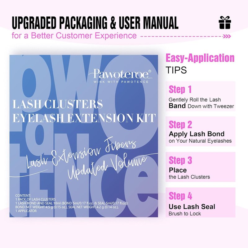 Lash Extension Kit - 280pcs Individual Lash Clusters 50D | 9-16mm with Bond, Seal & Tweezers for DIY Application