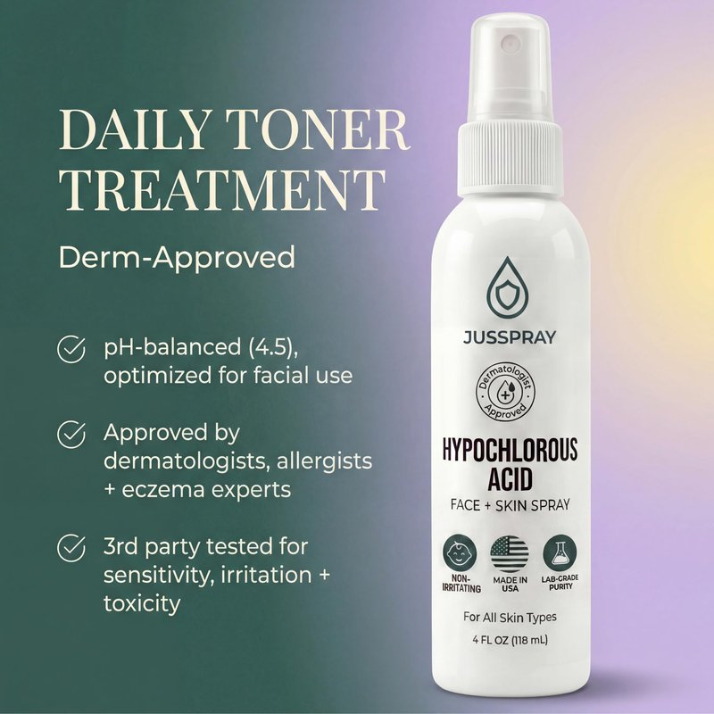 Jusspray™ Hypochlorous Acid Spray for Face and Skin | HOCI Facial Cleanser Mist | 4 oz Hypochlorous Acid for Face, Skin, Acne, Eczema, Body Acne Sprays, Piercing Aftercare, Wound Solution