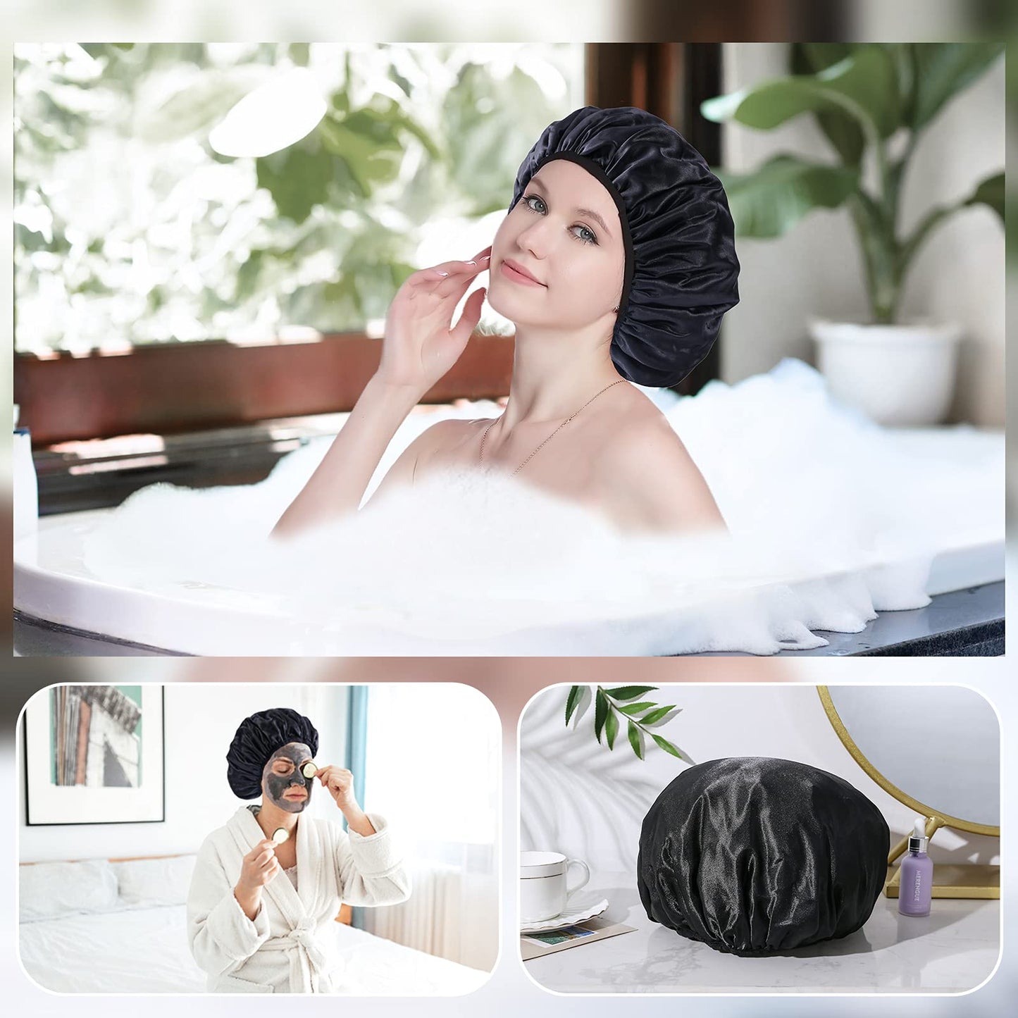 YIZIJIZI Terry Lined Shower Cap, Triple Layer Large Cap for Women, Reusable Waterproof for Long Thick Hair, Black