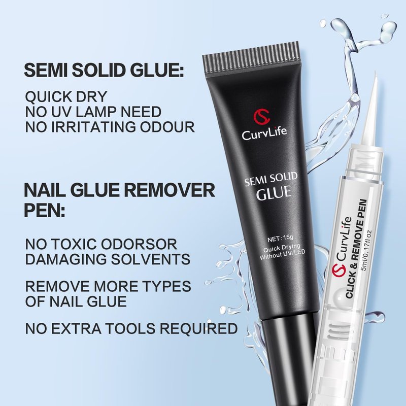 Curvlife 15g Nail Glue Gel - 3-in-1 Press-On Nail Kit | No UV Light Needed, Easy Click & Remove Design