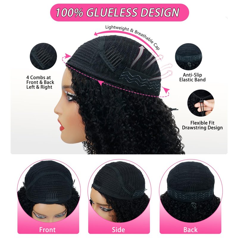 Larhali Half Wig Human Hair Glueless Wigs Upgrade 3 IN 1 Half Wig With Drawstring Seamless Clip Ins Flip Over Burmese Curly Human Hair No Glue No Lace For Women 200% Density (Natural Color, 16inch)
