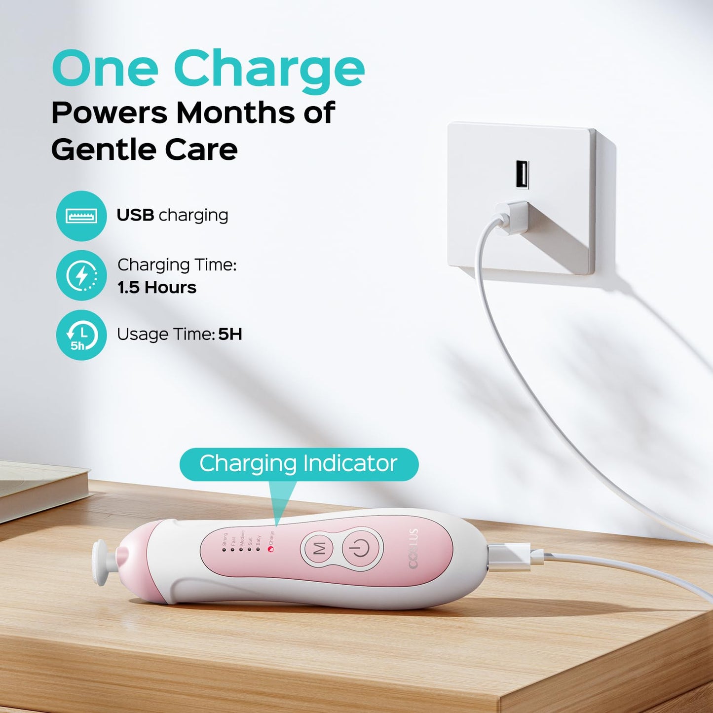 COSLUS C52 Rechargeable Baby Nail File: Cordless Baby Nail Trimmer Electric with 5 Speeds & 6 Grinding Heads for Baby Kid, CPC Certified and Quiet Design - Safe for Sleep Trim Buffer, Pink