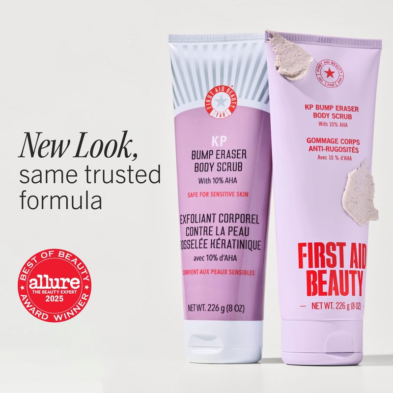 First Aid Beauty KP Bump Eraser Body Scrub with 10% AHA - Dermatologist-Tested Keratosis Pilaris Exfoliator - Support for Rough Bumps, Uneven Skin Texture & Strawberry Skin - Sensitive Skin - 4 oz
