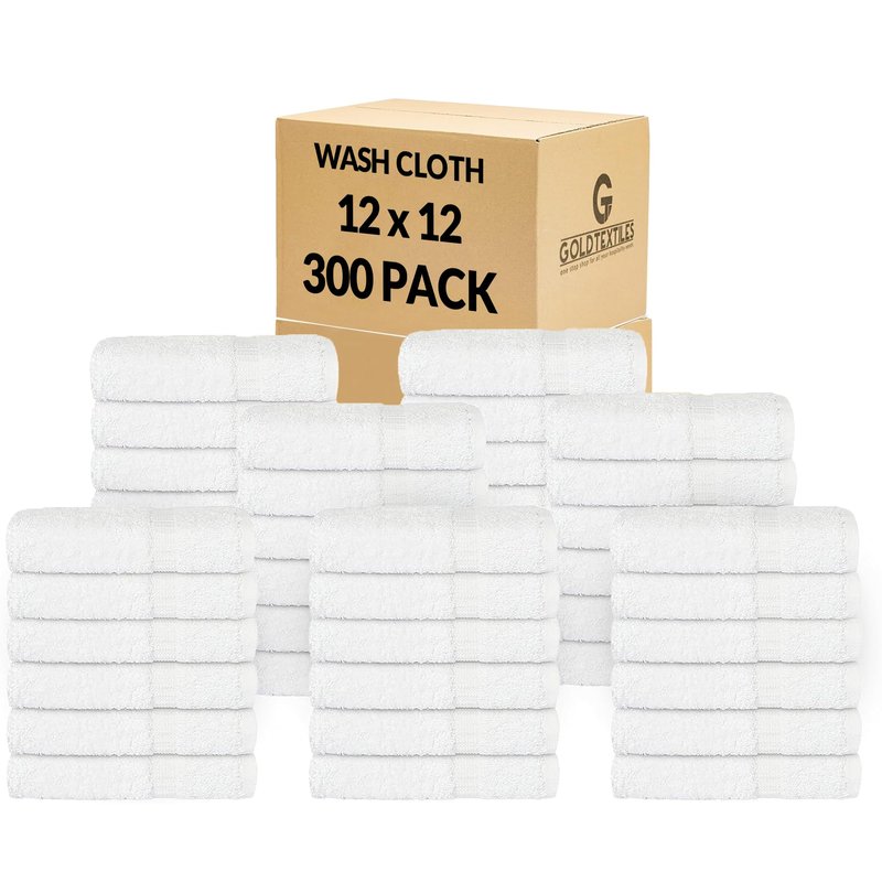 GOLD TEXTILES Premium White Washcloths Set - 300 Pack | 12x12 Inches - Ultra Soft, Highly Absorbent - Cotton Wash Cloths for Your Body - Machine Washable & Fingertips Towels (12 x 12, White - 300 Pcs)