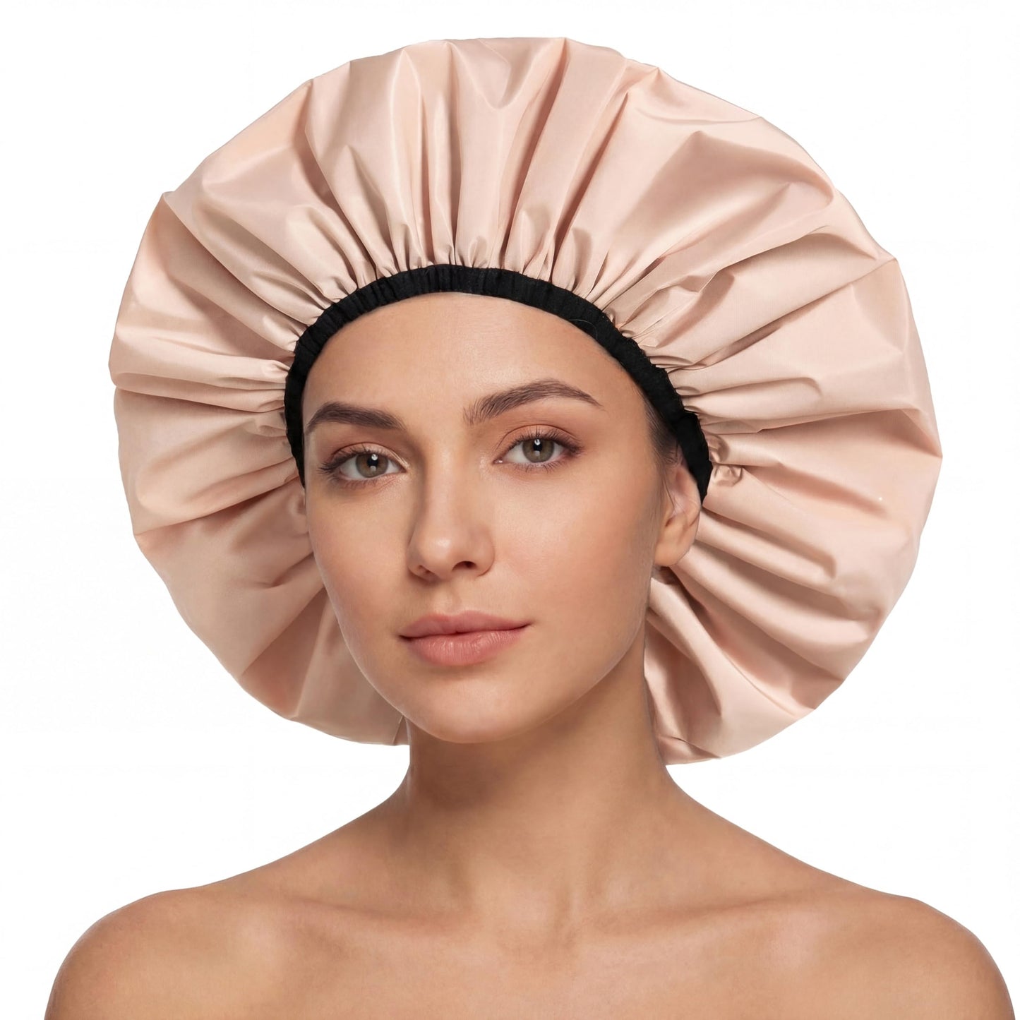 Extra Large Shower Cap for Women, Reusable Waterproof Shower Bonnet with Satin Lining, Double Layer Washable Bath Hair Cap for Braids, Locs, Long Thick Curly Hair, Natural Hair(Big Beige)
