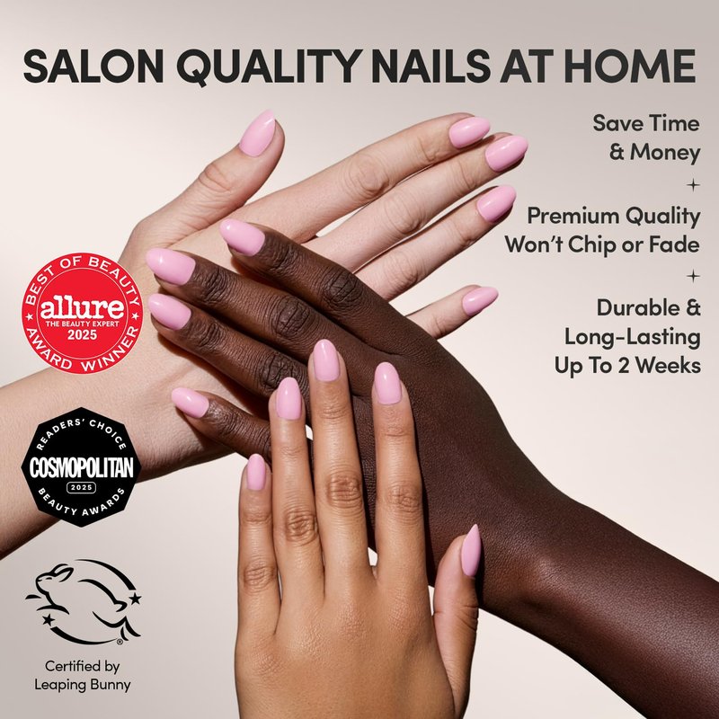 Glamnetic Press On Nails - Think Pink | Salon Quality Light Pastel Pink Short Oval Nails | 30 Nail Kit with Glue, 15 Sizes