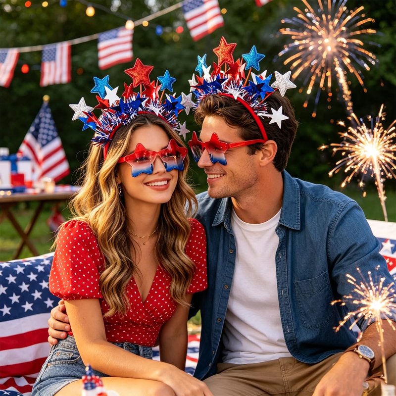 4th of July Patriotic Accessories Set - Star Headband & Gradient Star Sunglasses | Red, White & Blue