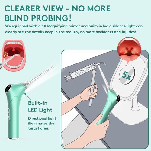 Electronic Vacuum Tonsil Stone Remover - Tonsil Stone Removal Kit with Built-in LED Light & 3 Suction Mode - Fight Bad Breath Oral Irrigator & 5X Magnifying Mirror for Tonsil Stone Removal (Green)