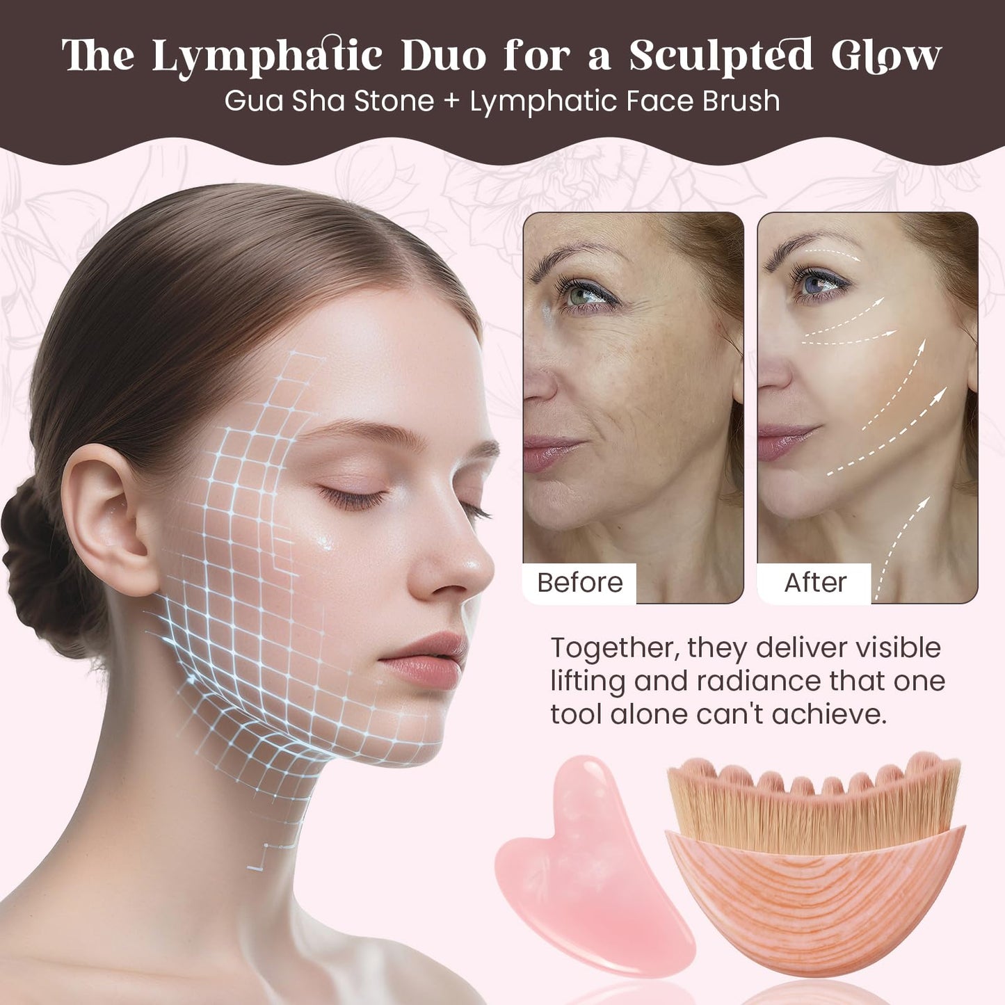 Lymphatic Contour Face Brush and Gua Sha Set, 2-in-1 Manual Facial Brushes for Lymphatic Drainage - Anti-Puffiness, Detox Sculpting Guasha Brush to Improve Skin Glow & Absorption