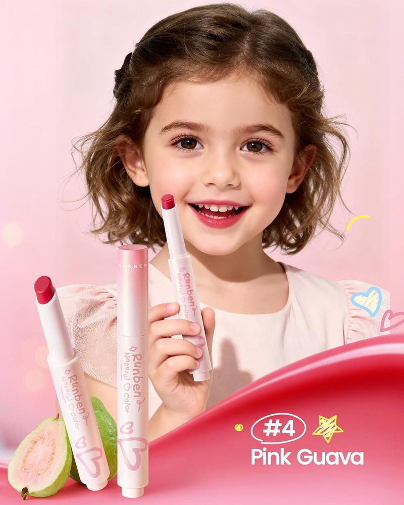 RUNBEN Kids Tinted Lip Balm, Pink Guava Lips Gloss, 24H Moisturizing, Safe & Non-toxic Lipstick for Kids & Teen, Birthday Makeup Gift for Girls