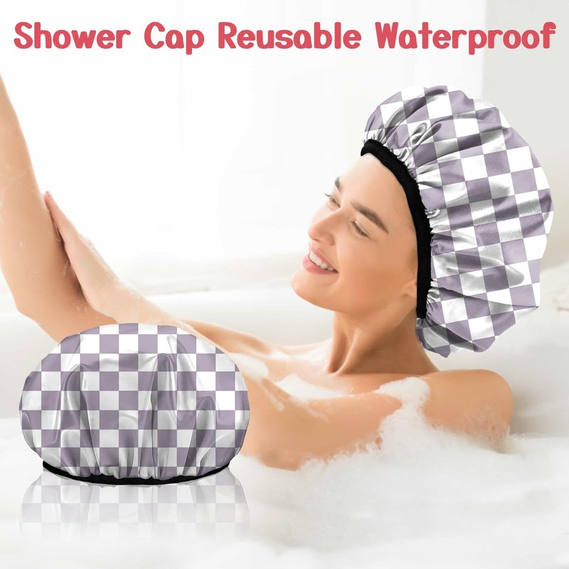 Deokke Luxury Shower Cap Terry Lined Elastic Triple Layer Waterproof Reusable Dry Hair Bathing Caps Aesthetic Cute for Women Girls-Purple Checkered