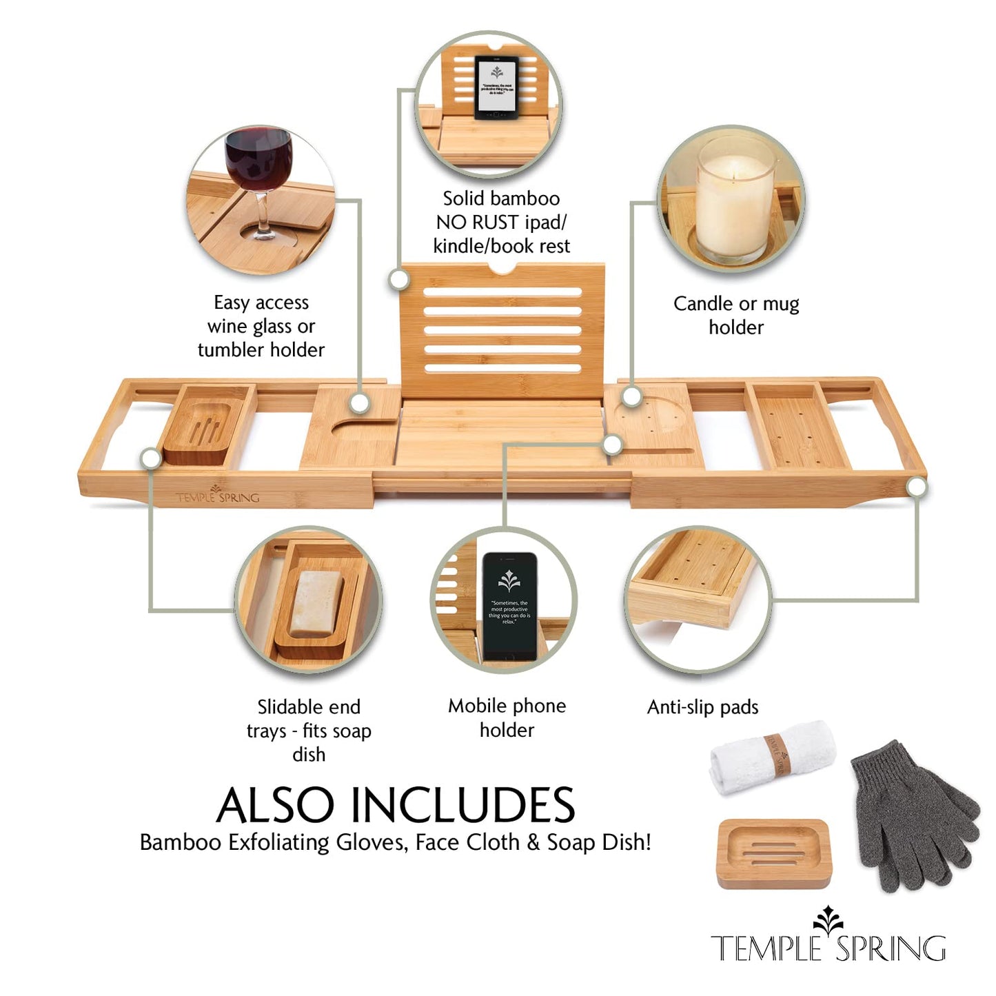 Temple Spring Bamboo Bathtub Tray Caddy for Tub — Expandable Wood Bath Tray with Solid Book Stand Wine Holder and Non-Slip Pads — Includes Bamboo Soap Dish and Spa Accessories — Luxury Bath Gift Set