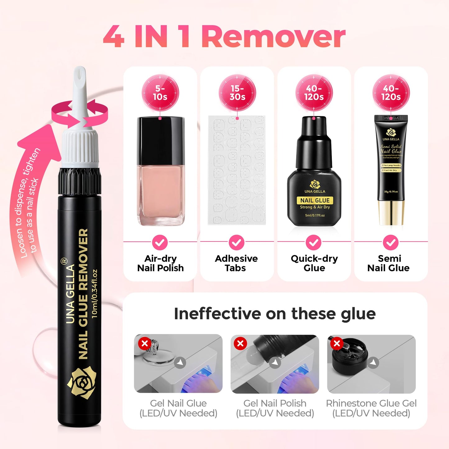 UNA GELLA No Mess Nail Glue Remover for Press On Nails 10ml 2Pcs, Acetone Free Multi-functional Fake Nail Remover with Built-in Pry Tip, Quick Adhesive Debonder for False Tips, Not for U V/LED Gel
