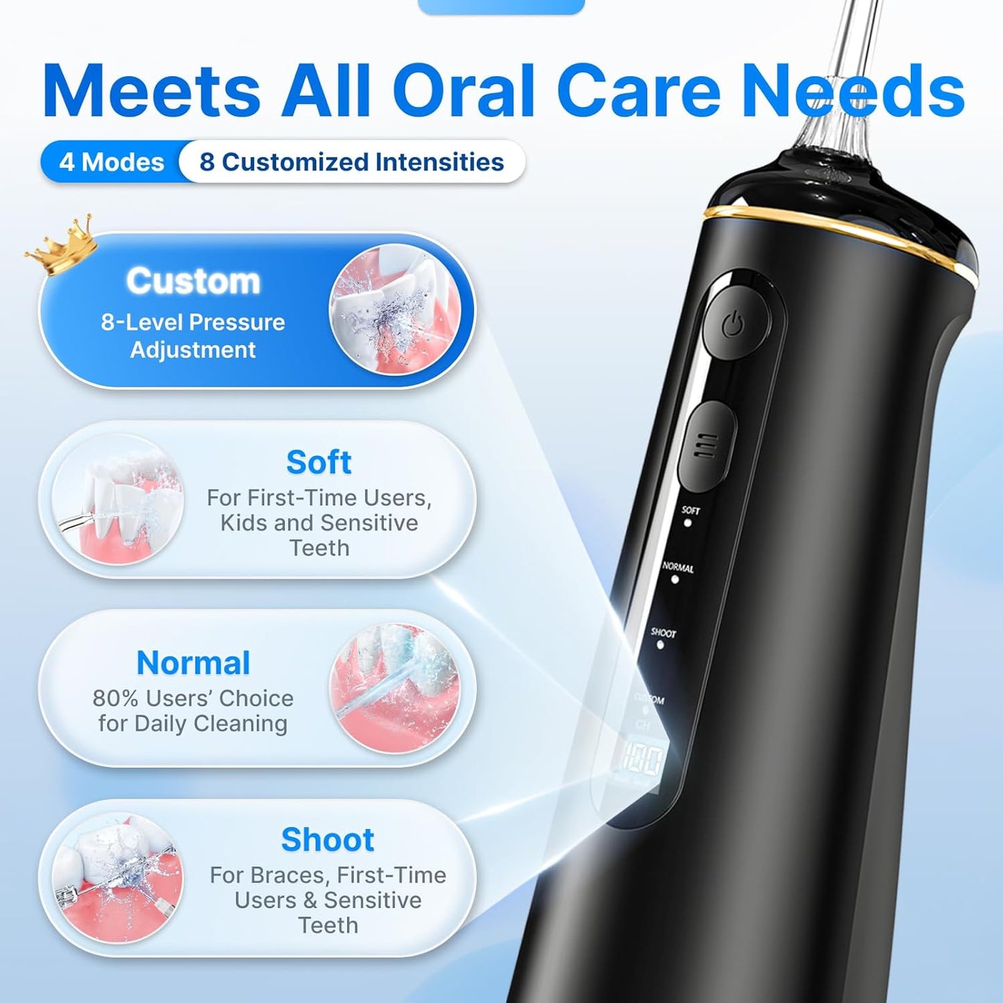 Water Flosser - Cordless Oral Irrigator with 8 Modes & 7 Jets | 300ml Tank for Braces - Rechargeable Black