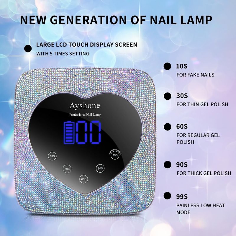 Ayshone Cordless UV LED Nail Lamp,72W Rechargeable Nail Dryer Gel Polish Light with Large LCD Display,Rechargeable Nail Curing Lamp for Salon & Home (AB Diamond)