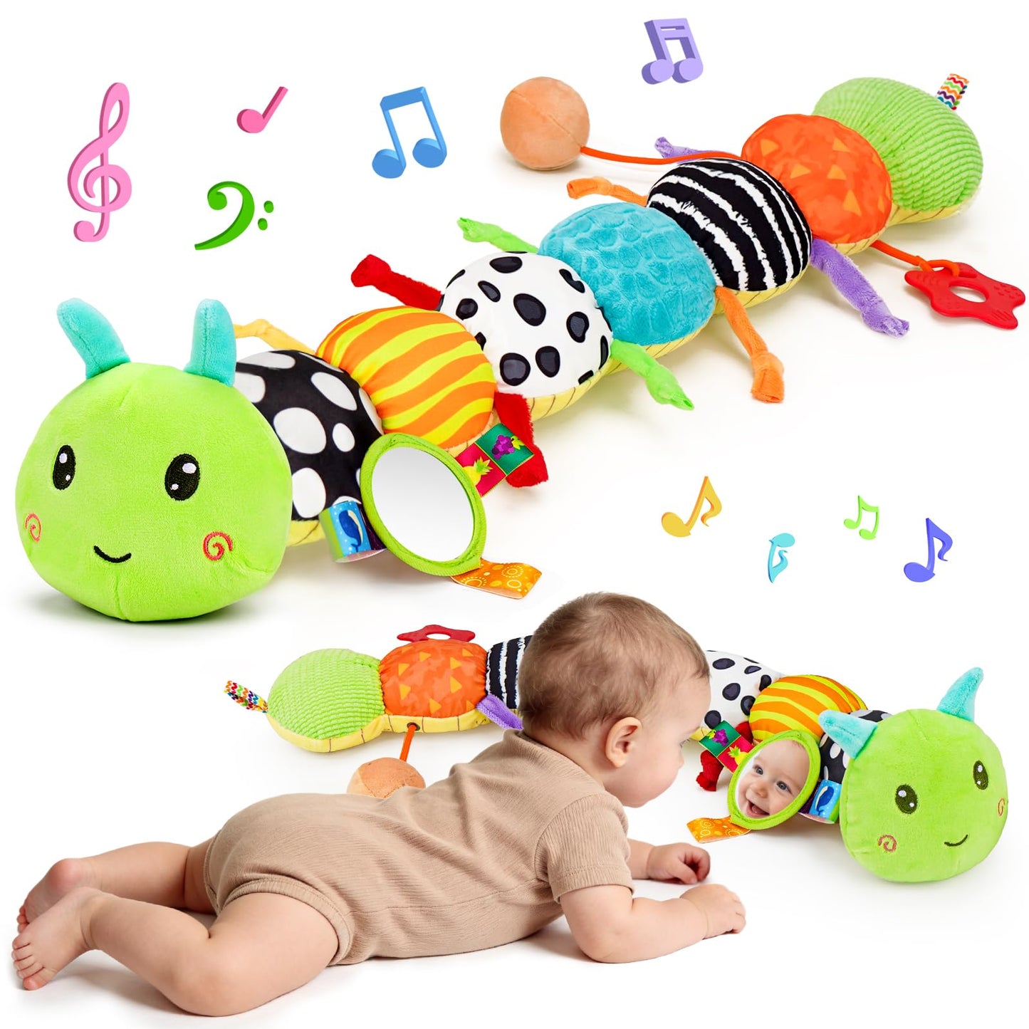 Topsochir Baby Sensory Toys 0-6 Months Music Animal Stuffed Plush Caterpillar Toy for Infant 0-3-6-12 Month Old Tummy Time with Mirror Crinkle Rattle Toys for Newborn Boys Girls Shower Birthday Gifts