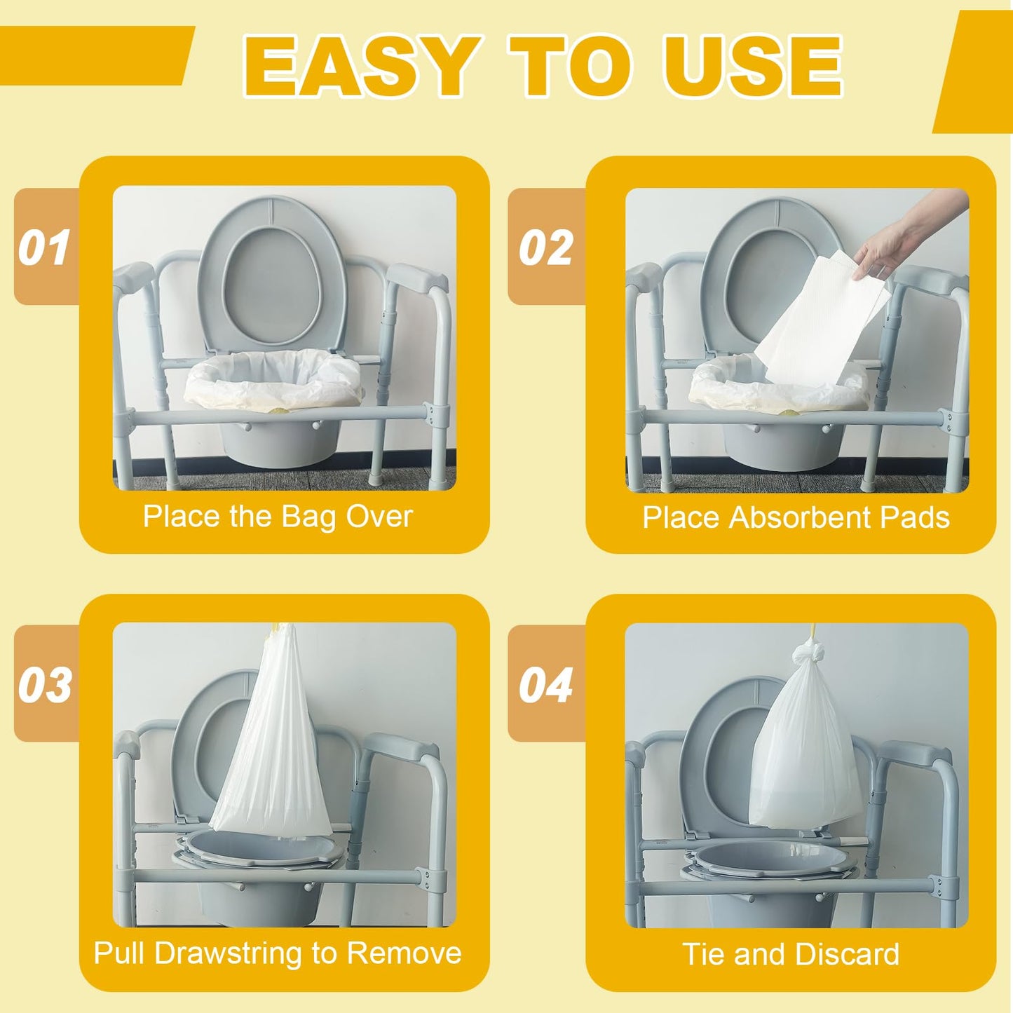 AOOHOOA Bedside Commode Liners with Pads | 100 Commode Bags+100 Absorbent Pads | Leak-Guard | Rapid Absorption | Lemon Scented | Bedpan | Bedside Commode | Camping Toilet