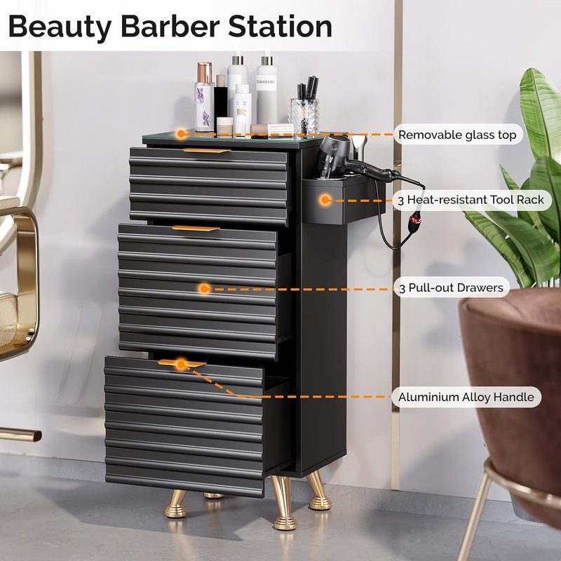 Regine Switzerland Professional Salon Station - Tempered Glass Top, 3 Drawers & Heat Resistant Tool Holders | Black