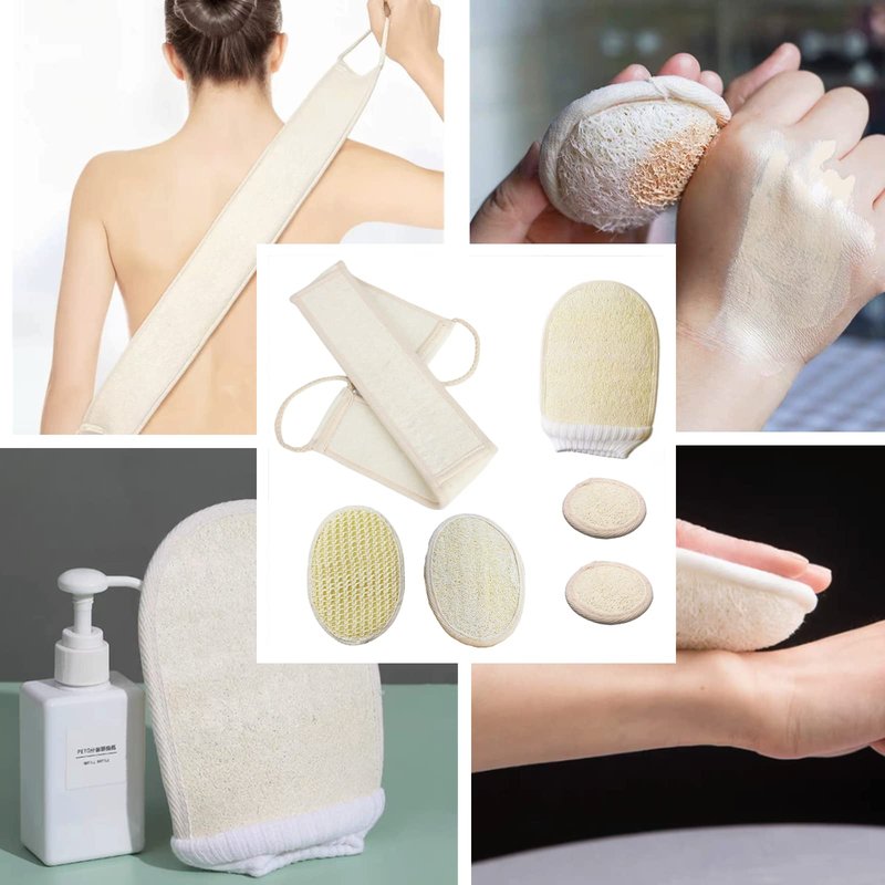 ENLAYER 6 Pack Natural Loofah Exfoliating Back Scrubber and Pad Set for Deep Cleaning in Shower, Natural Luffa Shower Bath Sponge Exfoliating Washcloth Face Scrubber Pad